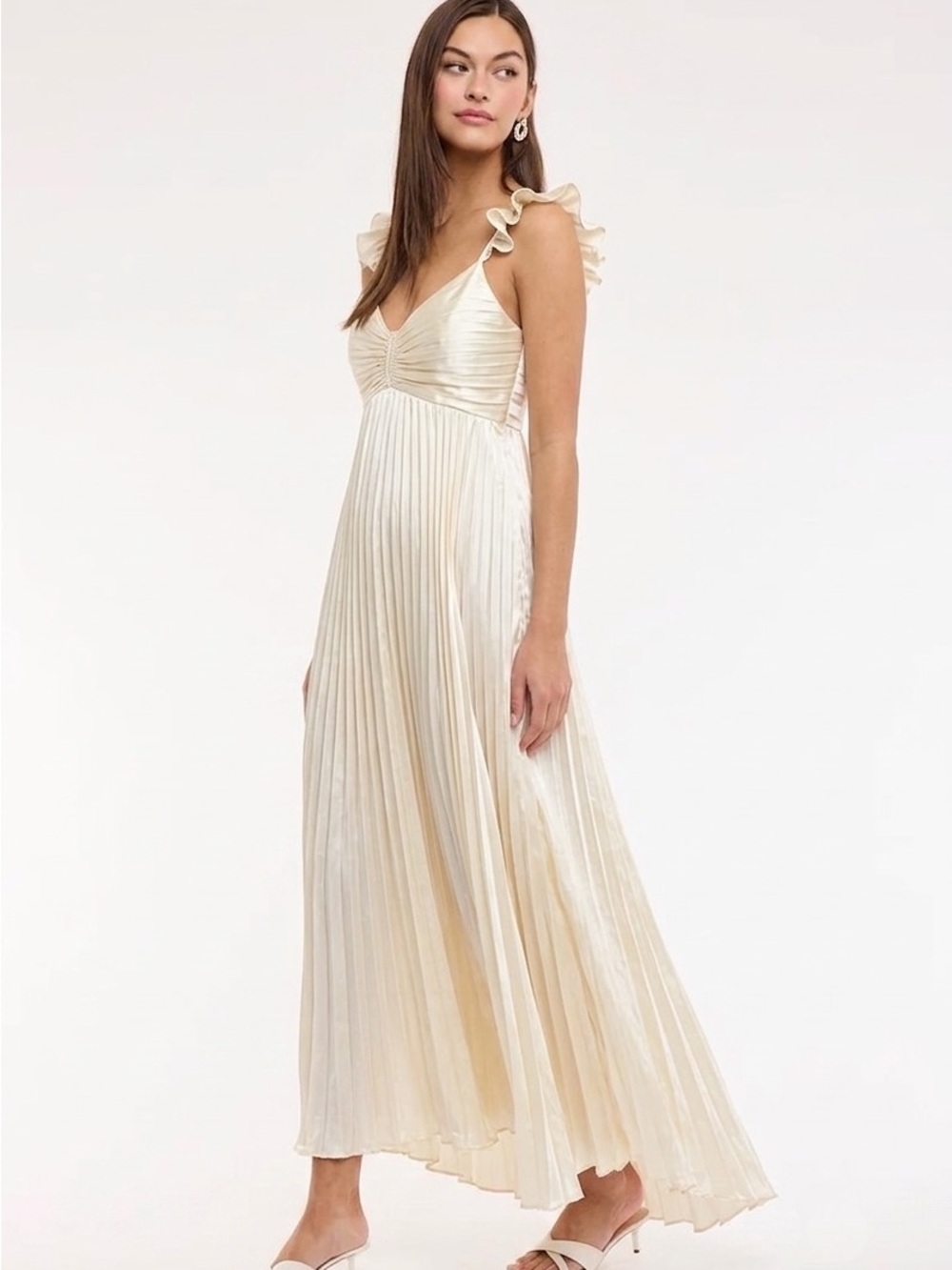 NWT Pretty Little Sister Champagne Plisse Maxi Dress Ruffle Sleeves sz M